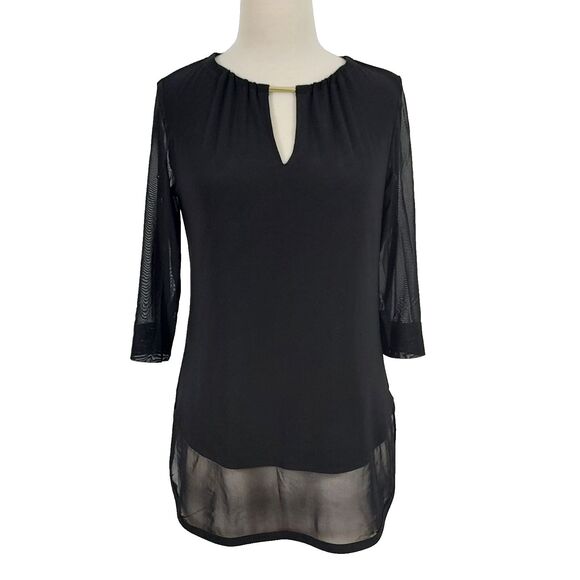 Joseph Ribkoff Tops - Joseph Ribkoff Black Mesh Shirt Top Minimalist Stretchy Roll Up Sleeve Tabs Sz 6